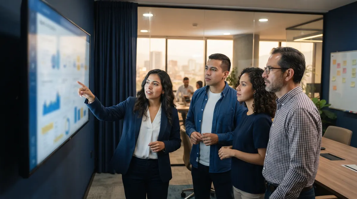 Equipo de trabajo revisando indicadores en una pantalla