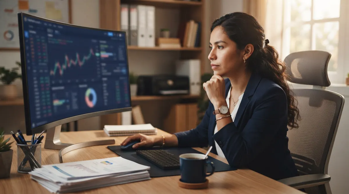 Contadora revisando gráficos financieros en un monitor