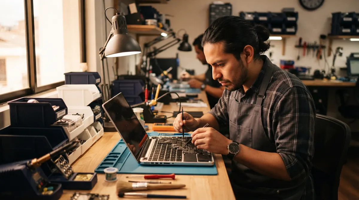 Técnico reparando una laptop en el taller