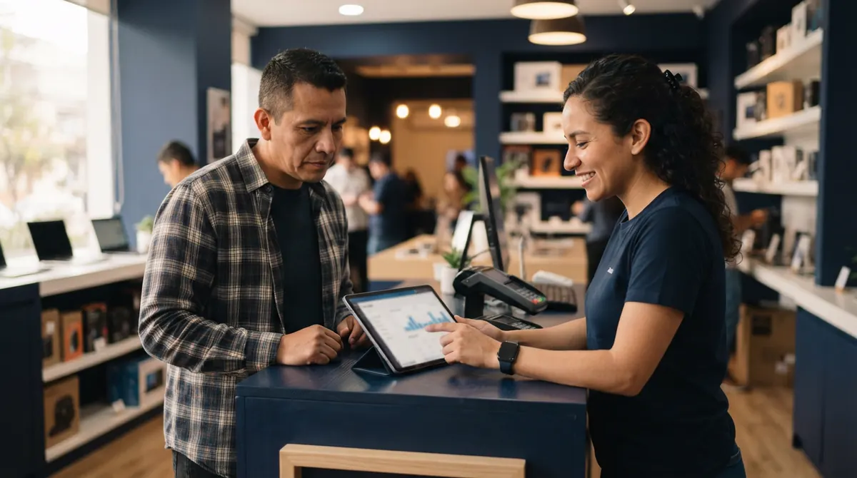 Vendedora atendiendo a un cliente en el mostrador de una tienda de tecnología