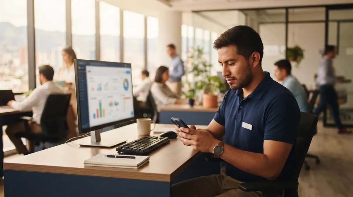 Asesor de ventas respondiendo mensajes de clientes en su celular