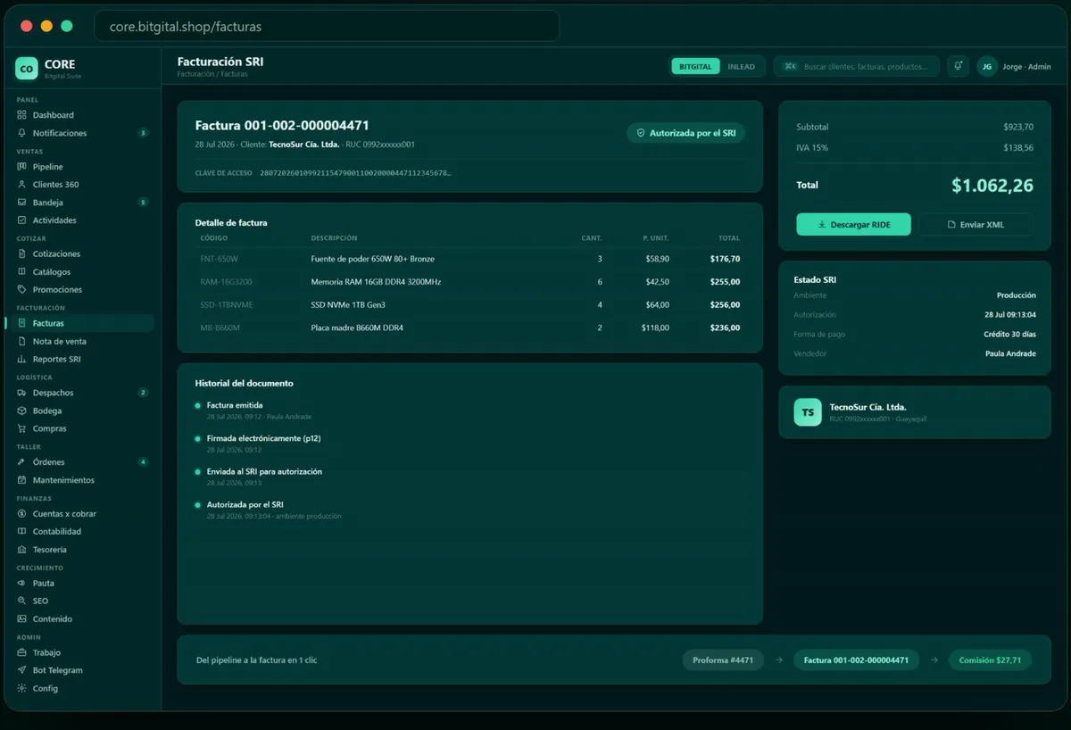Pantalla real de CORE: Facturaci&oacute;n SRI